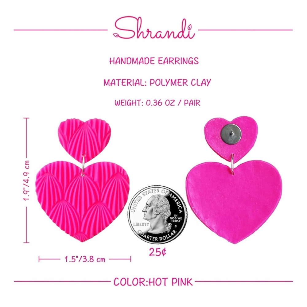Hot Pink Triple Heart Dangle Earrings Polymer Clay Lightweight Valentine NWT - Picture 4 of 14